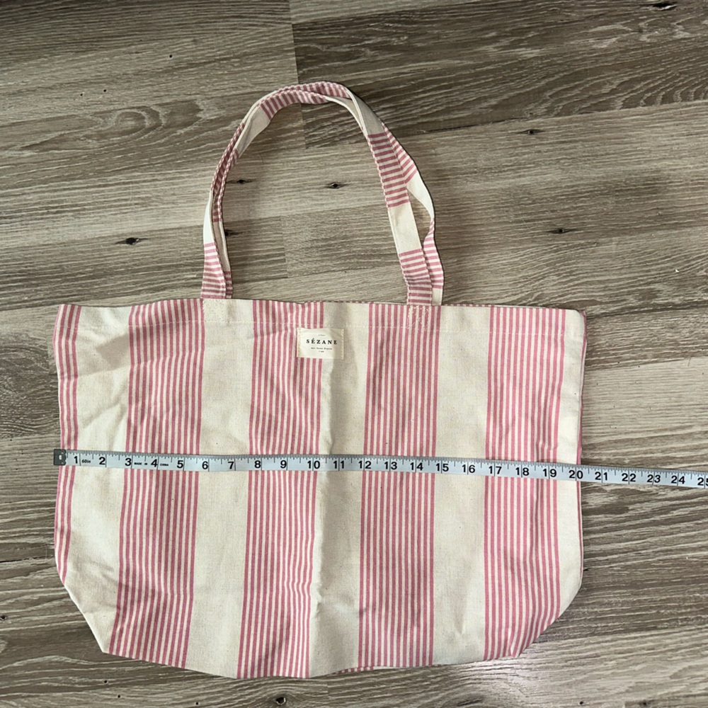 SEZANE Striped Cotton Tote Bag Large Canvas Natural Pink Double Handle - Picture 6 of 6